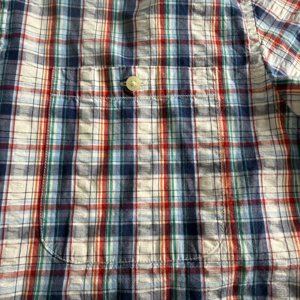Lands End Mens Medium Blue Orange Plaid Seersucker Short Sleeve Button Down Shir - Picture 4 of 10